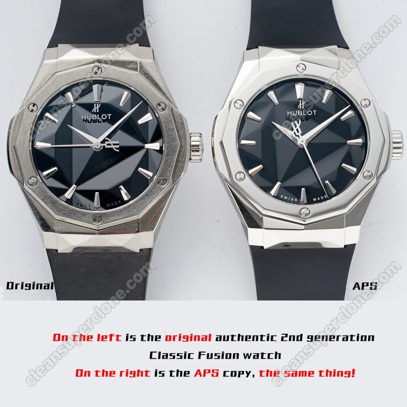 Hublot super clone watch compare the difference between the genuine APS Factory Classic Fusion 550.NS.1800 Mechanical Men
