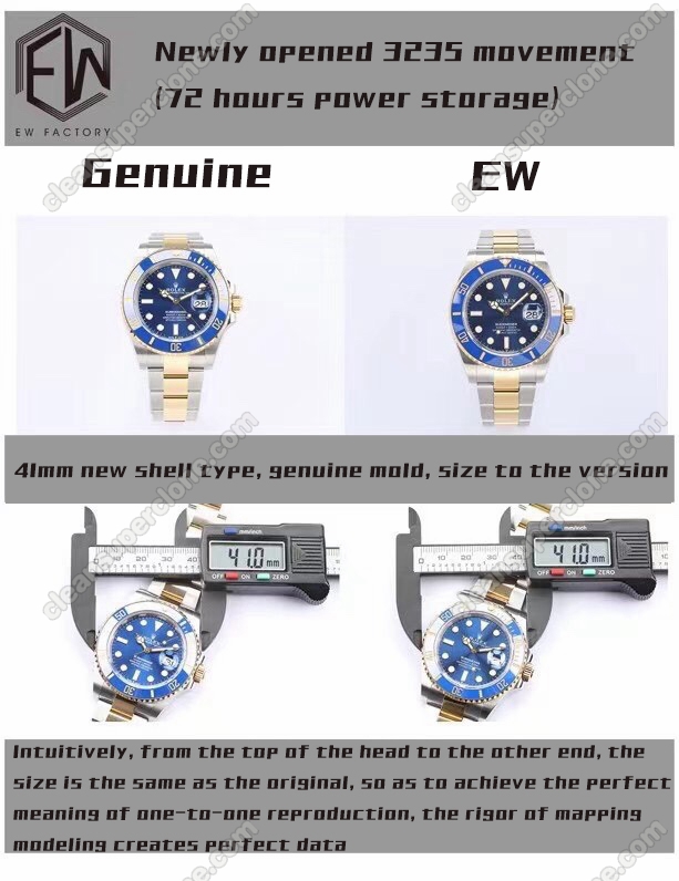 Rolex super clone watch compare the difference between the genuine EW Factory Submariner blue 126613 Mechanical Men
