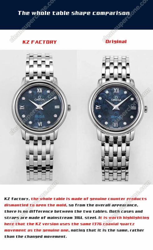 Omega super clone watch compare the difference between the genuine KZ Factory Deville 424.10.27 quartz Women
