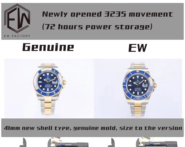 Rolex super clone watch compare the difference between the genuine EW Factory Submariner blue 126613 Mechanical Men