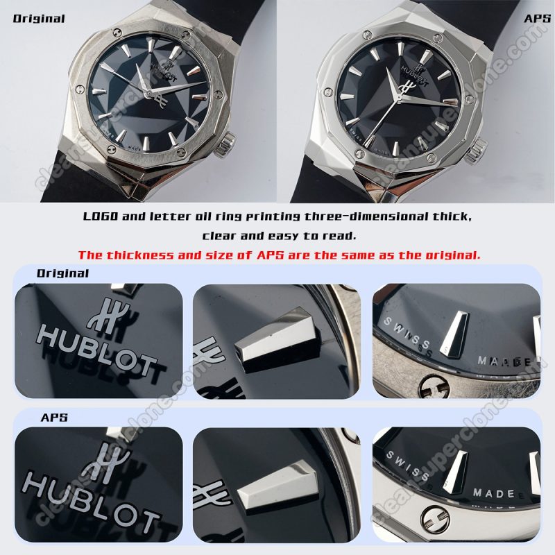 Hublot super clone watch compare the difference between the genuine APS Factory Classic Fusion 550.NS.1800 Mechanical Men
2