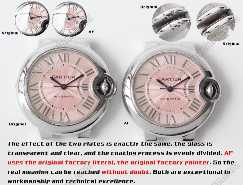 Cartier super clone watch compare the difference between the genuine AF Factory Ballon Bleu WSBB0068 Mechanical Women
2