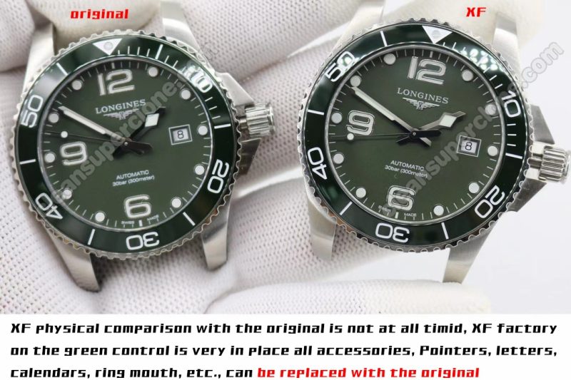 Longines super clone watch compare the difference between the genuine XF Factory green Hydroconquest L3.782 Mechanical Men
