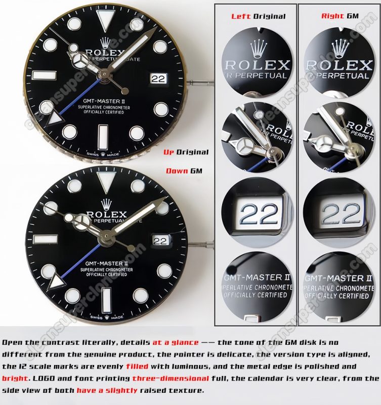 rolex super clone watch compare the difference between the genuine GM Factory blue black Gmt-master ll 126710 Mechanical Men
2