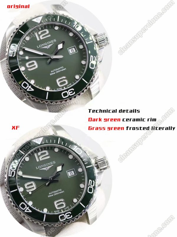 Longines super clone watch compare the difference between the genuine XF Factory green Hydroconquest L3.782 Mechanical Men
3