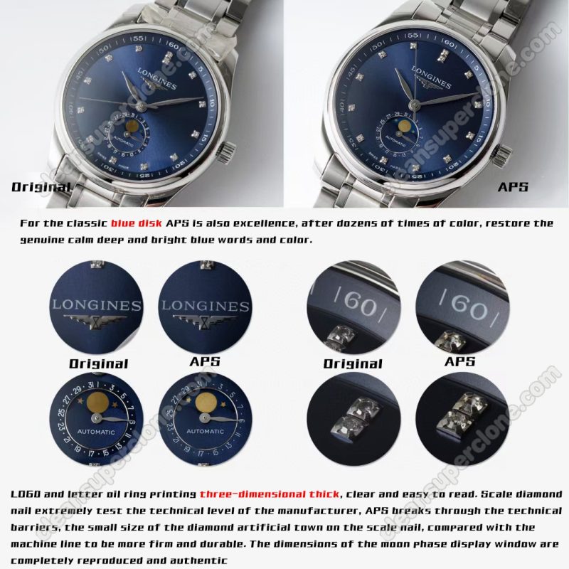 Longines super clone watch compare the difference between the genuine APS Factory Master Collection L2.909 Mechanical Men
3