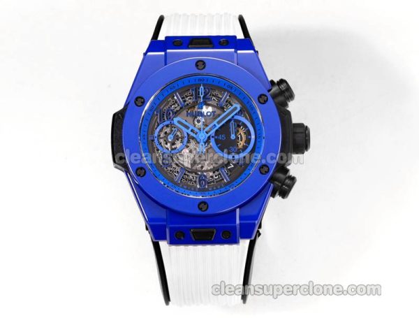 Big Bang replica watch details and pricing Hublot 411.ES blue ceramics White rubber mechanical men