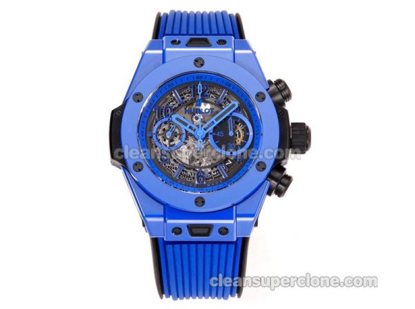 Big Bang replica watch details and pricing Hublot 411.ES blue ceramics blue rubber mechanical men