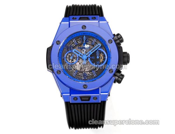 Big Bang replica watch details and pricing Hublot 411.ES blue ceramics black rubber mechanical men