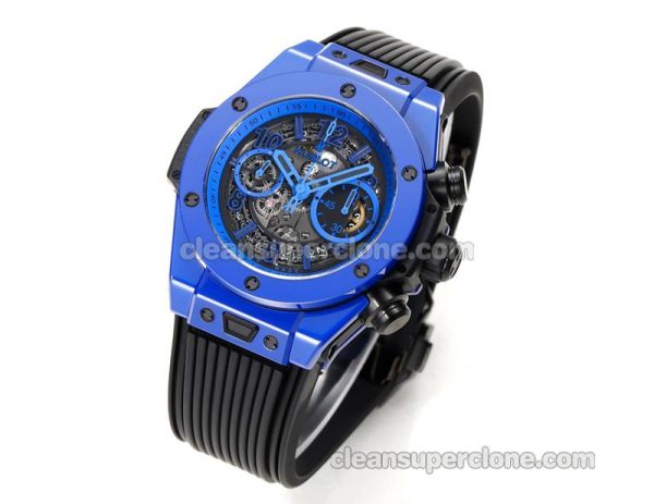 Big Bang replica watch details and pricing Hublot 411.ES blue ceramics black rubber mechanical men