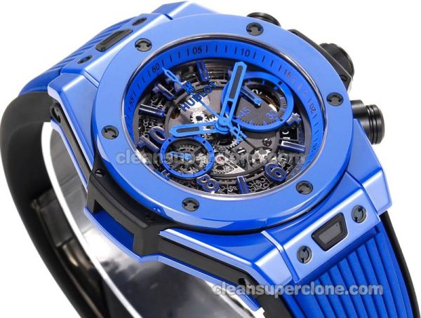 Big Bang replica watch details and pricing Hublot 411.ES blue ceramics blue rubber mechanical men