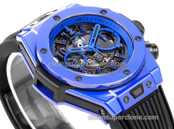 Big Bang replica watch details and pricing Hublot 411.ES blue ceramics black rubber mechanical men