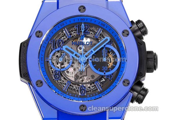 Big Bang replica watch details and pricing Hublot 411.ES blue ceramics black rubber mechanical men