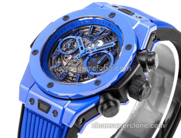 Big Bang replica watch details and pricing Hublot 411.ES blue ceramics blue rubber mechanical men