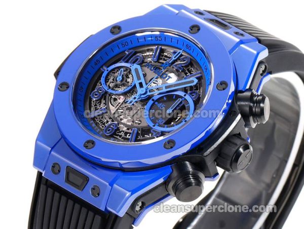 Big Bang replica watch details and pricing Hublot 411.ES blue ceramics black rubber mechanical men