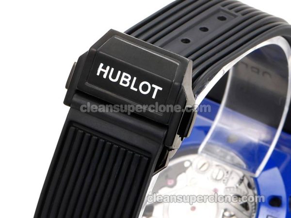 Big Bang replica watch details and pricing Hublot 411.ES blue ceramics black rubber mechanical men